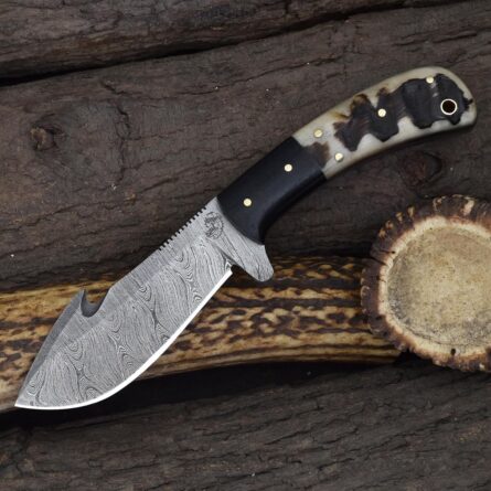 damascus steel gut hook skinning knife full tang w/ leather sheath mega blade