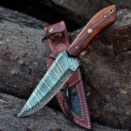 hand forged damascus steel hunting bowie knife full tang leather sheath