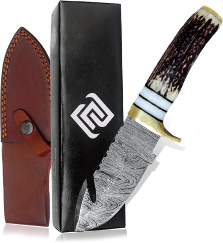 custom handmade hunting skinning gut hook knife with stag antler handle & leather sheath mega blades