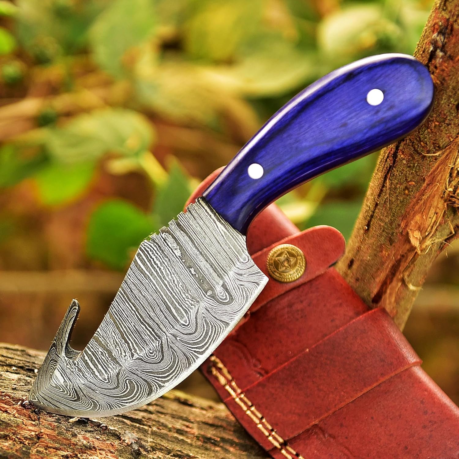damascus steel gut hook hunting knife leather belt loop sheath mega blades damascus steel gut hook hunting knife leather belt loop sheath mega blades