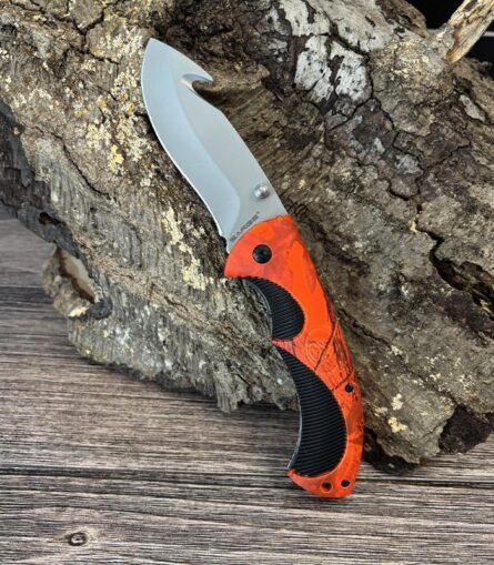 sarge knives hi vis fever folding gut hook knife with safety grip mega blades