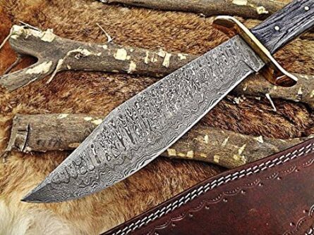 damascus steel hunting bowie knife with leather sheath | mega blades3