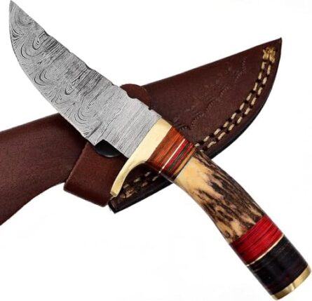 premium 6" damascus steel outdoor knife with leather sheath | mega blades