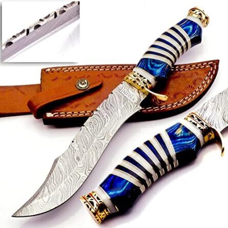 hand made damascus bowie knife with camel bone & pakka wood | mega blades