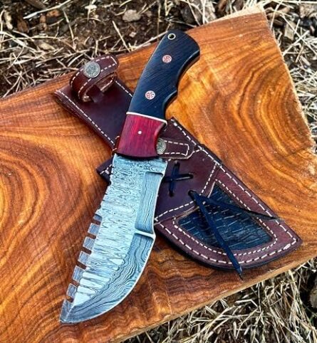 custom handmade damascus hunting knife with red wood handle | mega blades