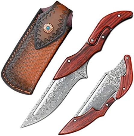 damascus folding knife with yellow sandalwood handle | mega blades