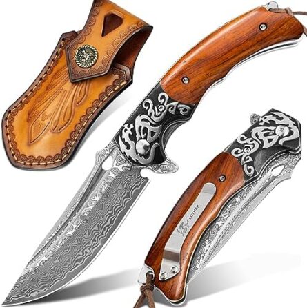 handmade damascus folding pocket knife with sandalwood handle | mega blades