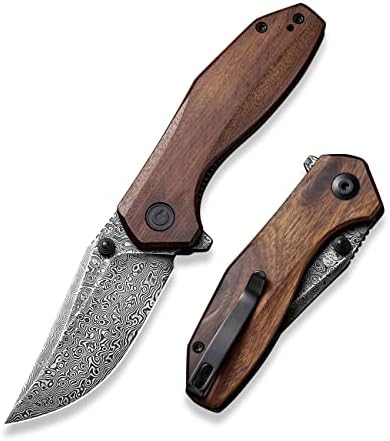 folding edc pocket knife damascus blade wood handle | mega blades