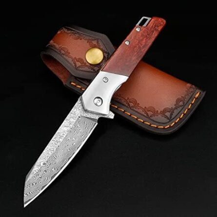 damascus pocket knife with rosewood handle, 3.14" blade | mega blades