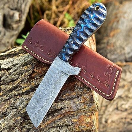 damascus bull cutter hunting knife with leather sheath | mega blades