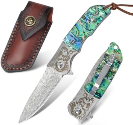 damascus pocket knife with abalone handle folding edc | mega blades