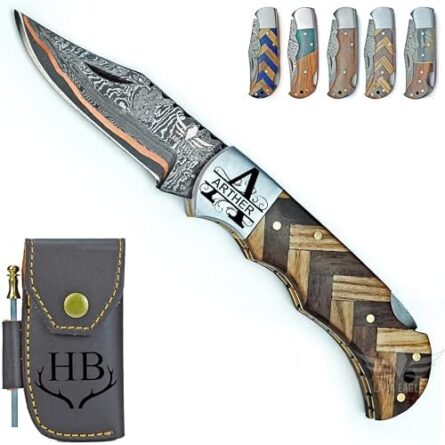 personalized damascus pocket knife rosewood handle | mega blades