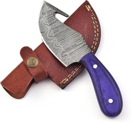 small gut hook damascus skinning knife with leather sheath mega blades