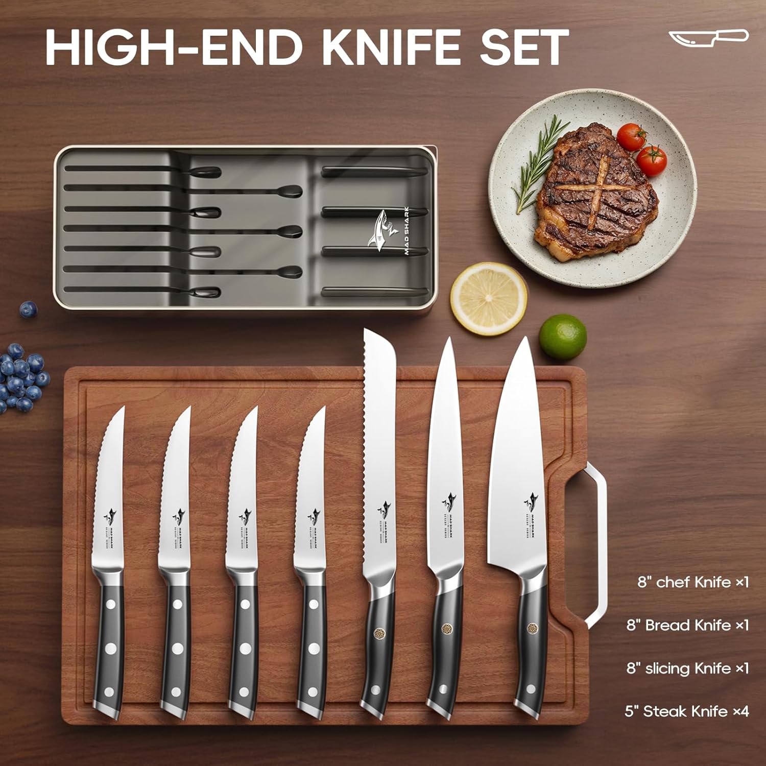 mad shark 8 piece knife block set with german high carbon steel mega blades mad shark 8 piece knife block set with german high carbon steel mega blades
