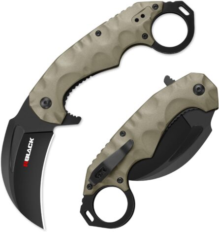 rblack folding karambit knife with aluminum handle & clip mega blades