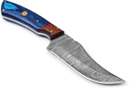 custom handmade damascus hunting knife with blue pakka handle mega blades