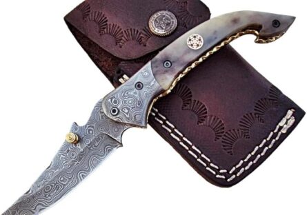 damascus steel folding knife with camel bone handle mega blades