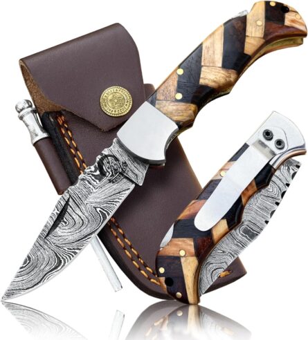 damascus pocket knife for men handmade folding knife mega blades