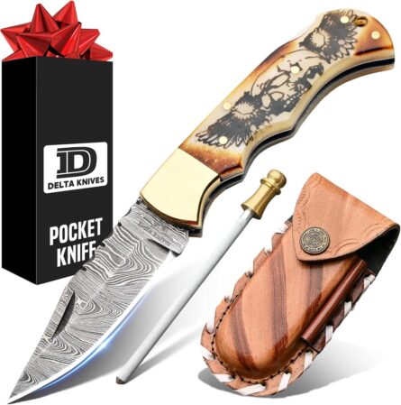 delta handmade damascus pocket knife with bone handle for men mega blades
