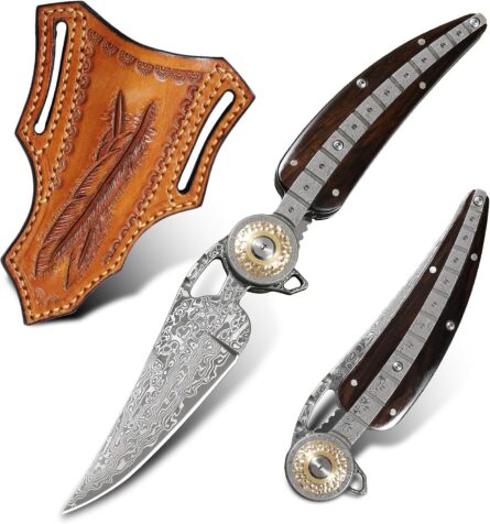 handmade damascus folding knife with feather shape 3.4" blade mega blades