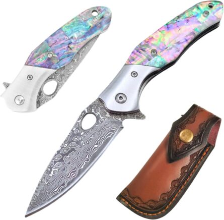 handmade damascus hunting knife with rainbow handle for edc mega blades