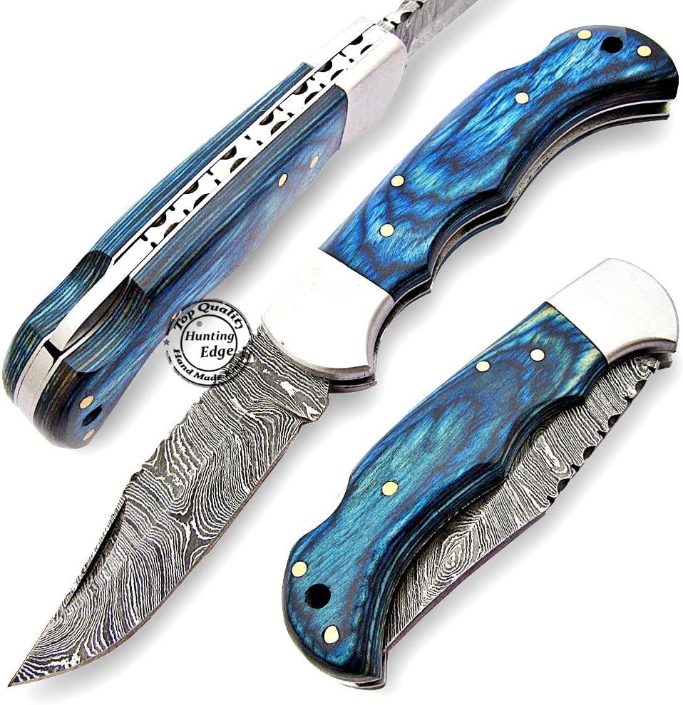 handmade damascus folding knife with blue wood handle 6.5 mega blades handmade damascus folding knife with blue wood handle 6.5 mega blades