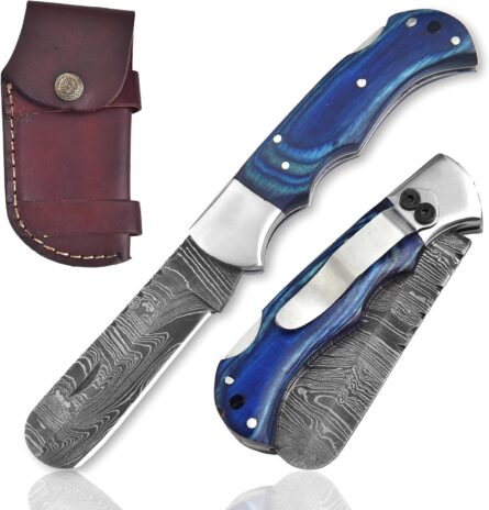 damascus steel folding knife with wood handle and sheath mega blades