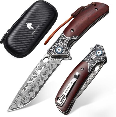 damascus knife 3.23" folding pocket knife with sandalwood handle mega blades