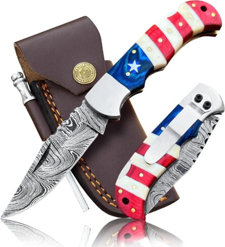 damascus pocket knife with leather sheath – american flag handle mega blades