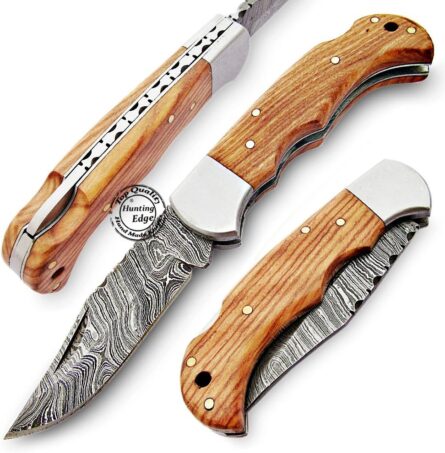 handmade damascus pocket knife with olive wood handle & sheath mega blades