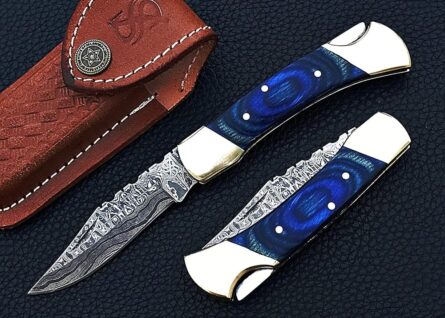 damascus folding pocket knife with blue wood handle & sheath mega blades