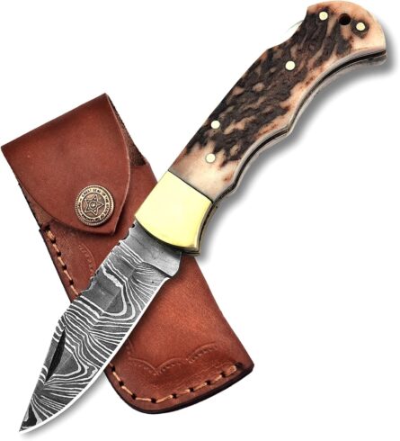 damascus folding pocket knife with camel bone handle mega blades