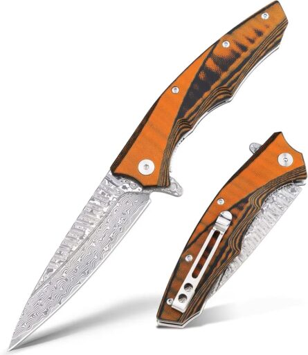 damascus pocket knife 67 layer steel folding knife with g10 handle mega blades