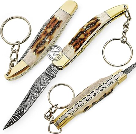damascus folding pocket knife handmade stag horn handle mega blades