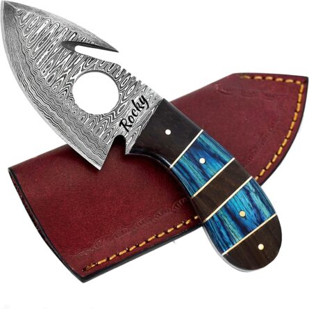 personalized gut hook skinner knife damascus w/ leather sheath mega blades