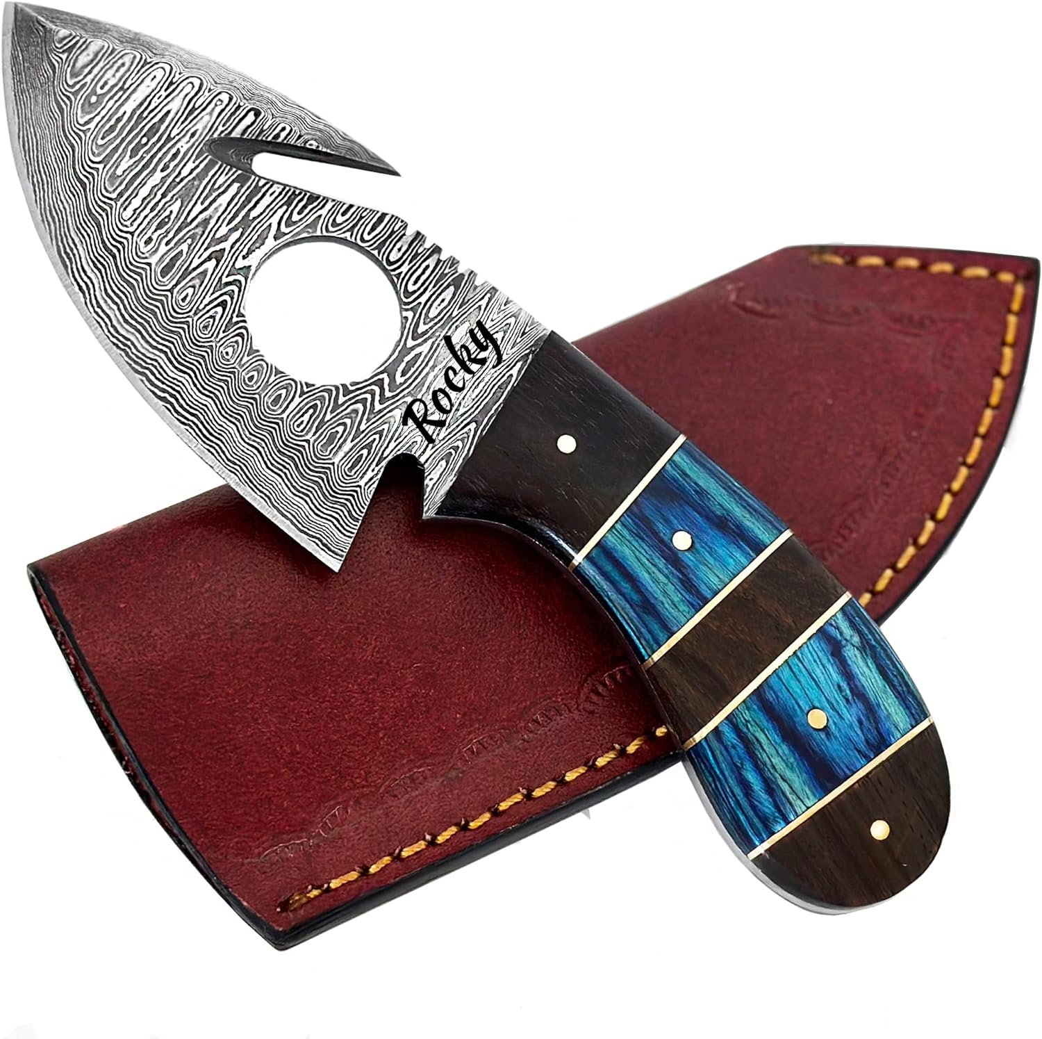 personalized gut hook skinner knife damascus w/ leather sheath mega blades personalized gut hook skinner knife damascus w/ leather sheath mega blades
