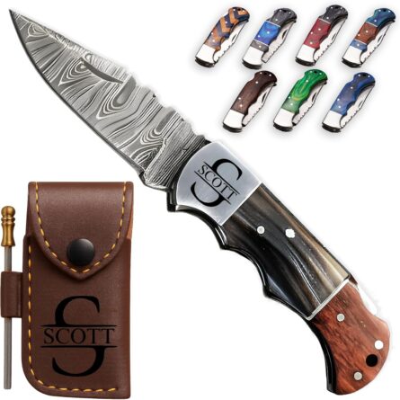 personalized handmade damascus pocket knife with wood handle mega blades