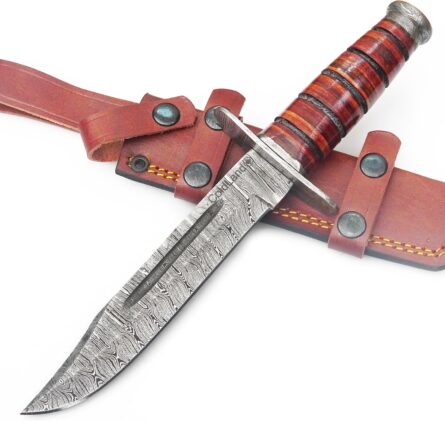 damascus bowie knife 11.5” full tang outdoor knife with sheath mega blades