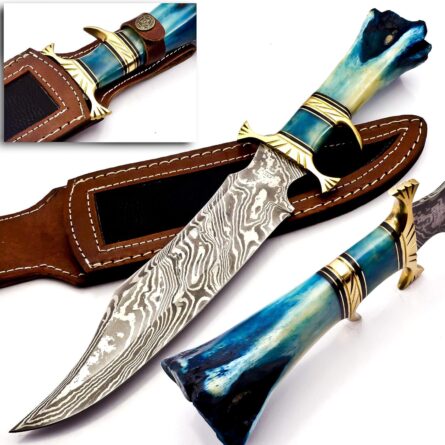 damascus steel bowie knife handmade blue camel bone handle mega blades