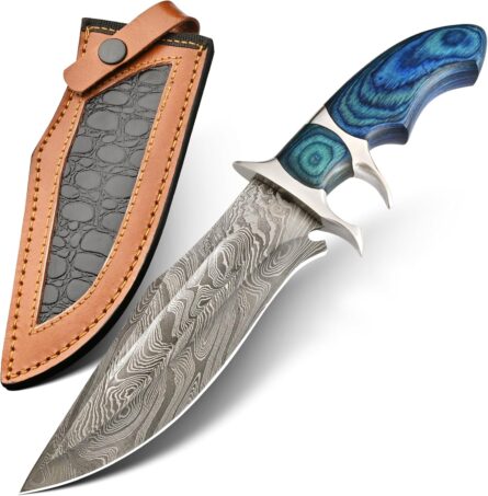 damascus bowie knife handmade with pakka wood handle blue mega blades