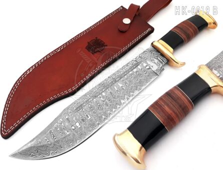 Home 18 inch damascus bowie knife handmade with leather sheath mega blades