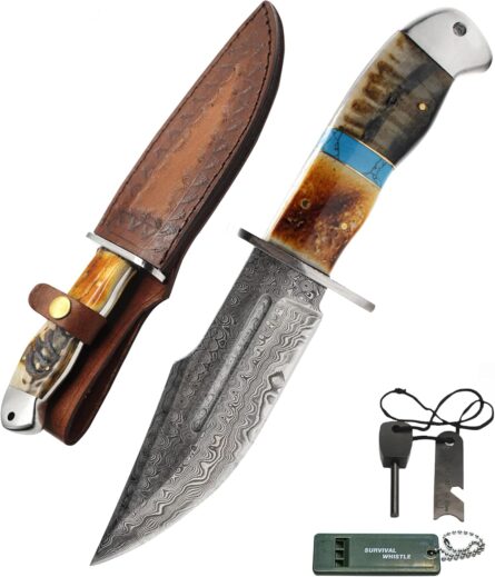 handmade damascus steel bowie knife 10.5” hunting knife sheath mega blades