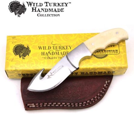 wild turkey gut hook skinner knife with leather sheath bone mega blades