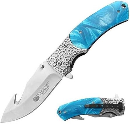 wild turkey handmade gut hook folding knife heavy duty blue mega blades