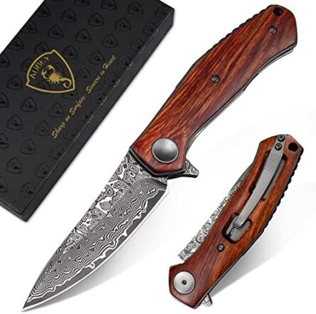 damascus folding pocket knife wooden handle | mega blades