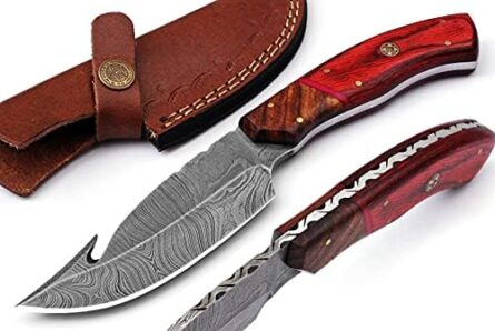 damascus steel hunting knife with gut hook and leather sheath | mega blades