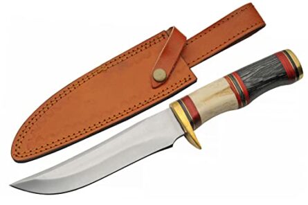 bone and wood handled outdoor hunting knife with leather sheath, 11.5" length