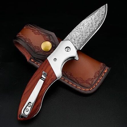damascus pocket knife 60 hrc wood handle | mega blades