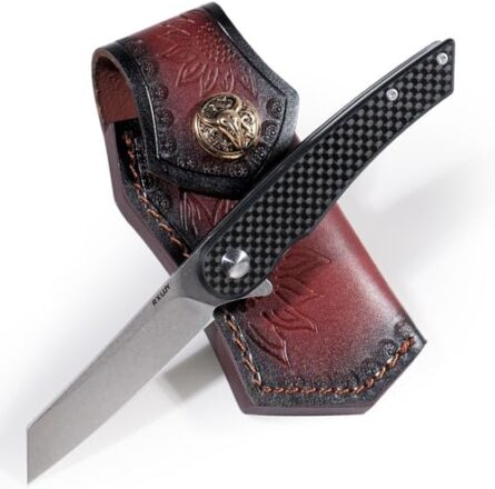 small edc folding knife, leather sheath, camping outdoor knife | mega blades