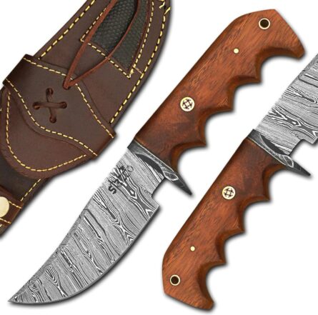 handmade damascus hunting knife with wooden handle and sheath mega blades